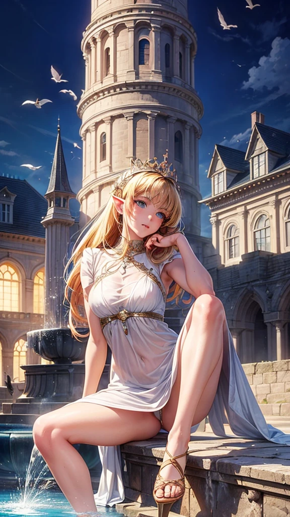 (Masterpiece, 4k resolution, ultra-realistic, very detailed,anime art style ), (use face on picture),(elf theme, very beautiful, wearing a dress, in a fantasy world sitting at a fountain in a city, medieval theme. she is a queen, she is elegant)( 24 years old), (blue eyes), full body). (behind the fountain some distance away you can see a luxurious castle, white and a little gold), (the weather is sunny with a few clouds and birds flying in the upper right corner)