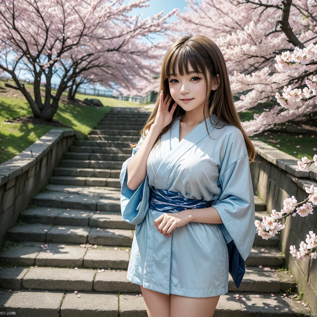 (((Masterpiece: 1,5, Best Quality, high resolution, Super resolution, ultra detailed: 1,2, rich background: 1,4))), (close up), (1 girl), Alone, green eyes, blonde long hair tied with blue Love, hair ornament, blunt bangs, smiling, high school girl, medium chest, ((hand in the air)), japanese clothes, (short blue printed kimono), sandals, Love, heart, ((exterior)), Cherry Blossom, (tori doors), stone staircase, sky (Afternoon), Cherry Blossoms fall, ((dramatic light: 1,3)), cloudy, (fuji scenery behind).NSFW