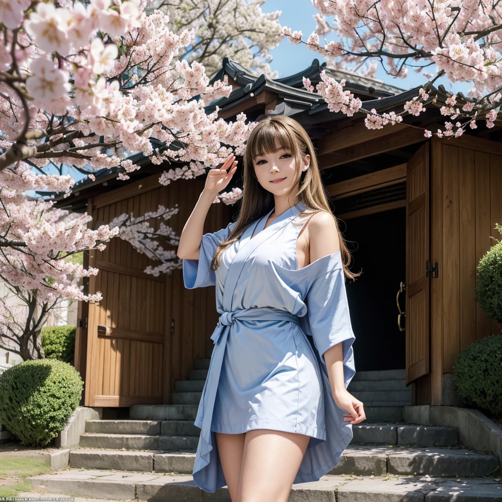 (((Masterpiece: 1,5, Best Quality, high resolution, Super resolution, ultra detailed: 1,2, rich background: 1,4))), (close up), (1 girl), Alone, green eyes, blonde long hair tied with blue Love, hair ornament, blunt bangs, smiling, high school girl, medium chest, ((hand in the air)), japanese clothes, (short blue printed kimono), sandals, Love, heart, ((exterior)), Cherry Blossom, (tori doors), stone staircase, sky (Afternoon), Cherry Blossoms fall, ((dramatic light: 1,3)), cloudy, (fuji scenery behind).NSFW