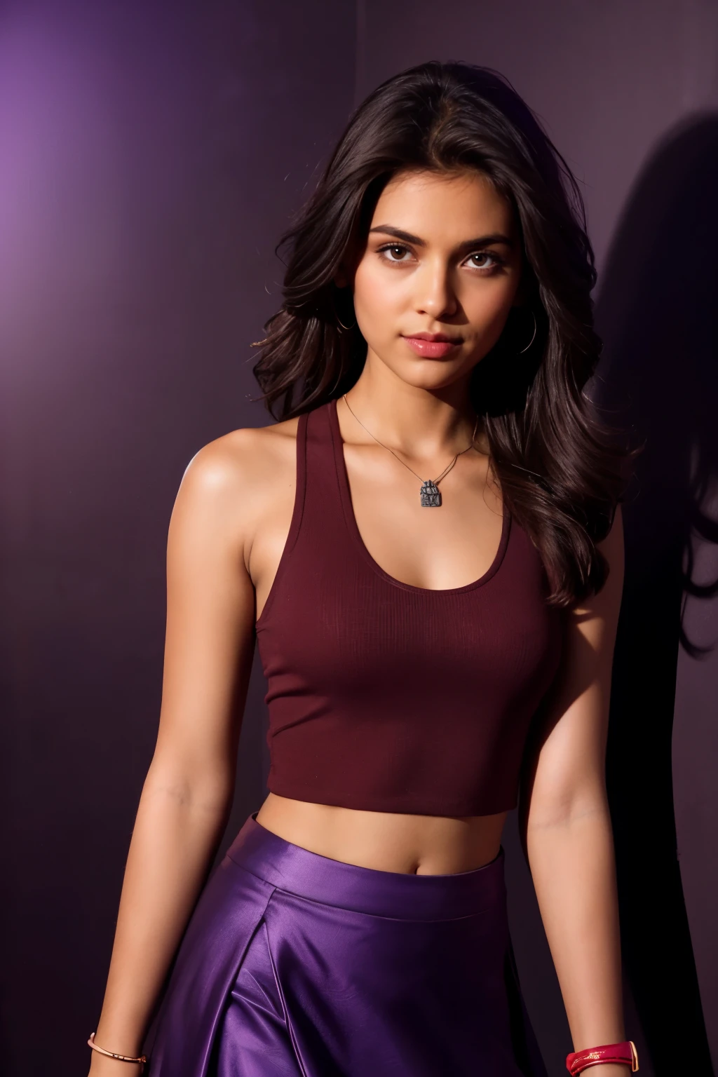 A portrait of a Beautiful Indian model wears a(( red brown tanktop ))over a ((modern violet skirt )), dark background, rim light, key lights, cute models around her, giggles, fashion model, black neckband, wear a big ((wrist watch)), shiny hand bag