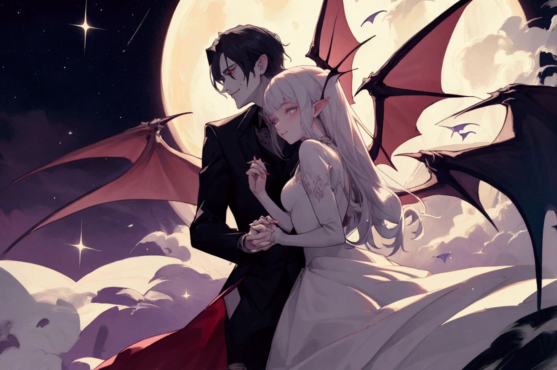 man vampire with vampire wings and woman fairy with fairy wings holding hands, moon in background, max quality, high details, detailed faces, beautiful eyes, 4K