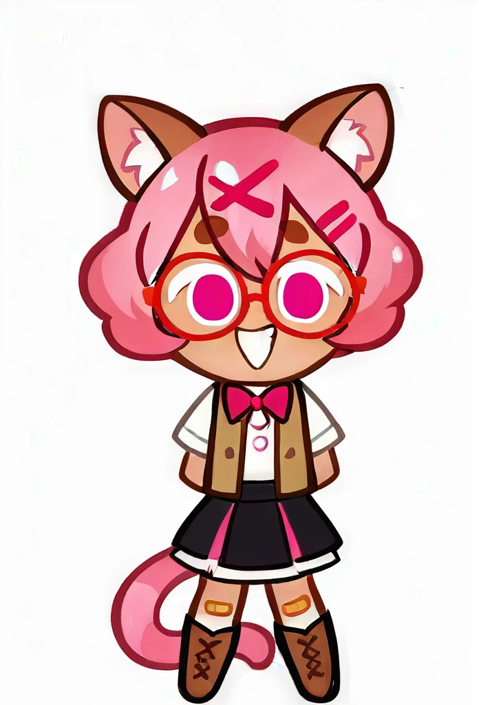 chibi, full body, CookieRun, 1girl, animal ear fluff, animal ears, arms behind back, bandaid, black skirt, boots, bow, brown footwear, brown vest, cat ears, cat girl, cat tail, full body, fur trim, glasses, grin, hair between eyes, hair ornament, hairclip, looking at viewer, pink eyes, pink hair, shirt, short hair, short sleeves, skirt, smile, solo, standing, tail, thick eyebrows, vest, white background, white shirt