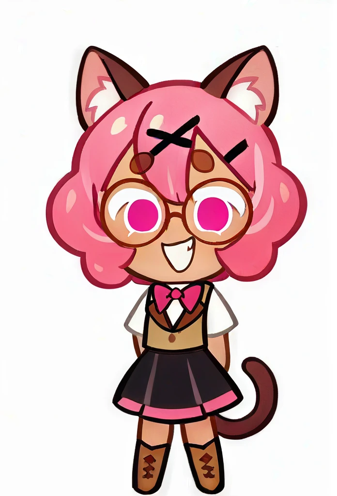 chibi, full body, CookieRun, 1girl, animal ear fluff, animal ears, arms behind back, bandaid, black skirt, boots, bow, brown footwear, brown vest, cat ears, cat girl, cat tail, full body, fur trim, glasses, grin, hair between eyes, hair ornament, hairclip, looking at viewer, pink eyes, pink hair, shirt, short hair, short sleeves, skirt, smile, solo, standing, tail, thick eyebrows, vest, white background, white shirt