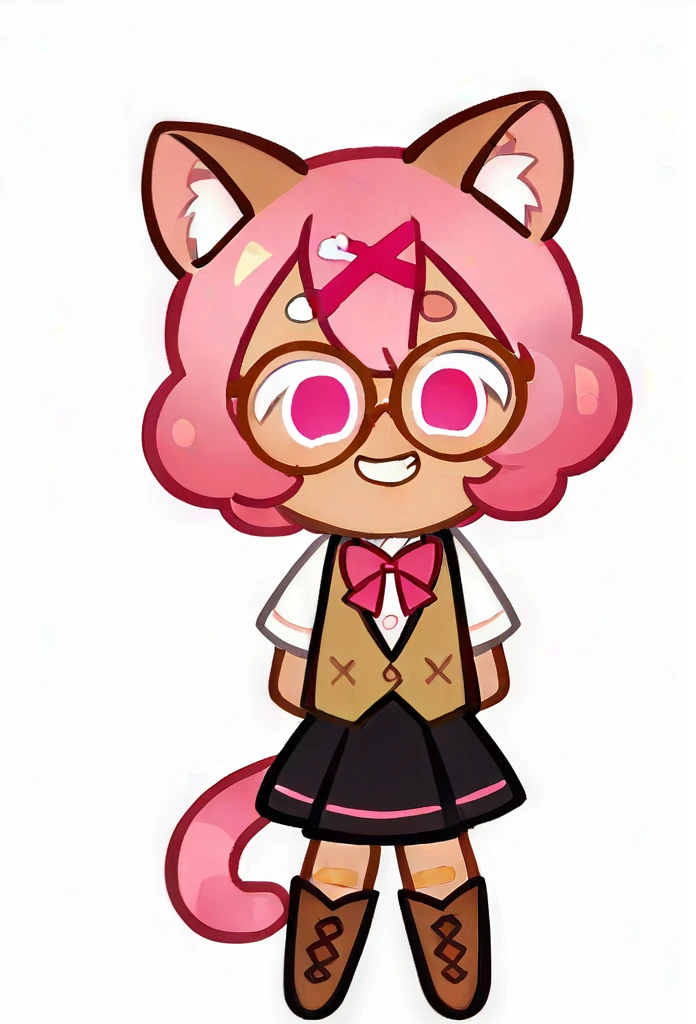 chibi, full body, CookieRun, 1girl, animal ear fluff, animal ears, arms behind back, bandaid, black skirt, boots, bow, brown footwear, brown vest, cat ears, cat girl, cat tail, full body, fur trim, glasses, grin, hair between eyes, hair ornament, hairclip, looking at viewer, pink eyes, pink hair, shirt, short hair, short sleeves, skirt, smile, solo, standing, tail, thick eyebrows, vest, white background, white shirt