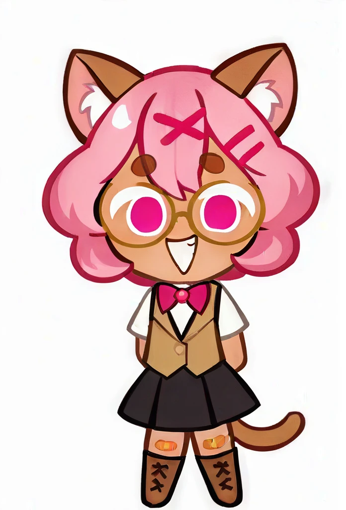 chibi, full body, CookieRun, 1girl, animal ear fluff, animal ears, arms behind back, bandaid, black skirt, boots, bow, brown footwear, brown vest, cat ears, cat girl, cat tail, full body, fur trim, glasses, grin, hair between eyes, hair ornament, hairclip, looking at viewer, pink eyes, pink hair, shirt, short hair, short sleeves, skirt, smile, solo, standing, tail, thick eyebrows, vest, white background, white shirt