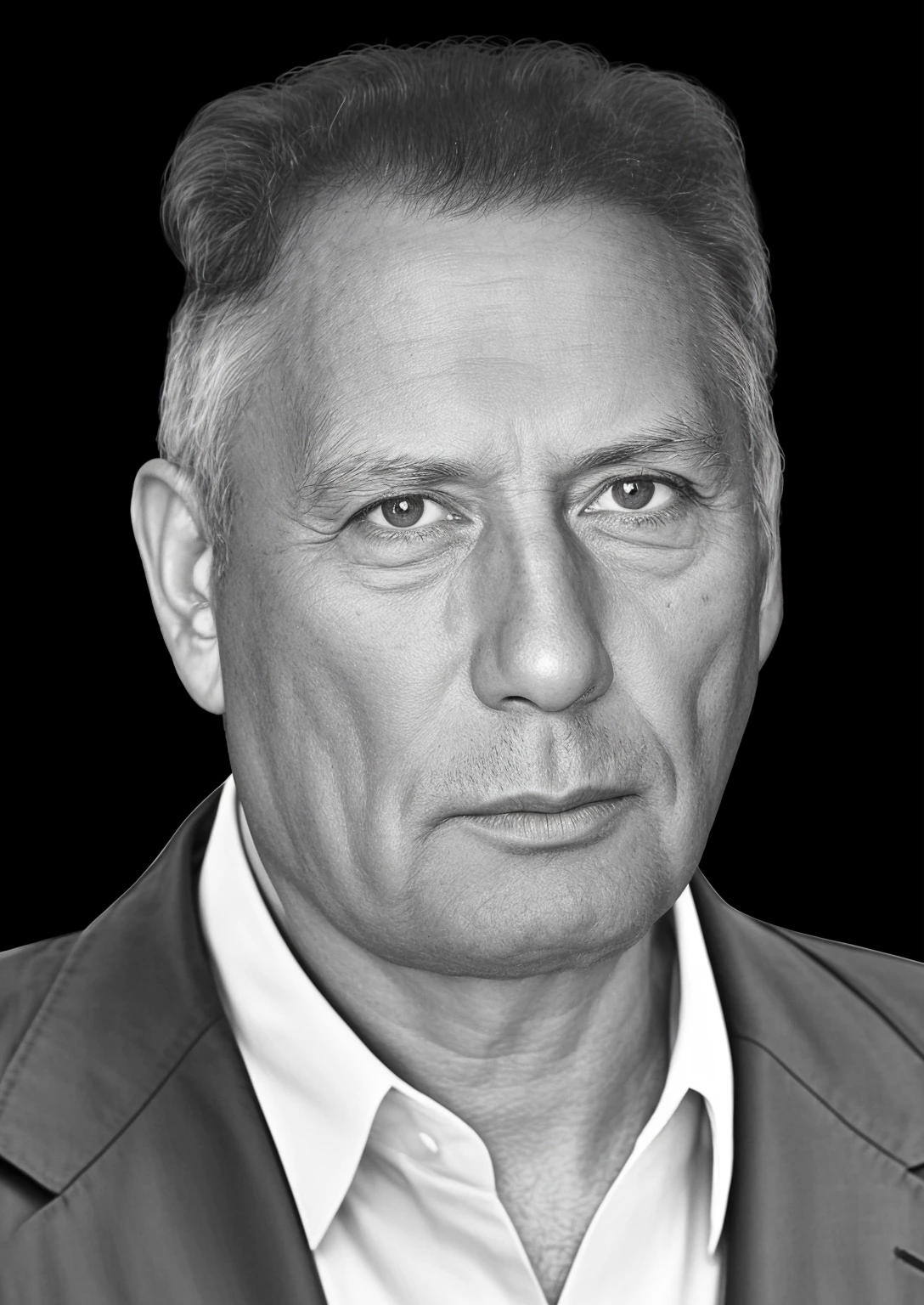 RAW photo, a portrait photo of 60 y.o man, пышные кучерявые волосы сверху, natural skin, 8k uhd, high quality, film grain, Fujifilm XT3,