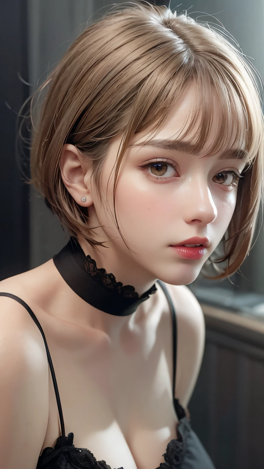 Masterpiece hyperrealist & Photorealistic beautiful girl, Realistic Skin (Pore-filled skin) Short Bob Cut Hair, Realistic red lips,Punk Girl, (head shot:1.5),Shorts