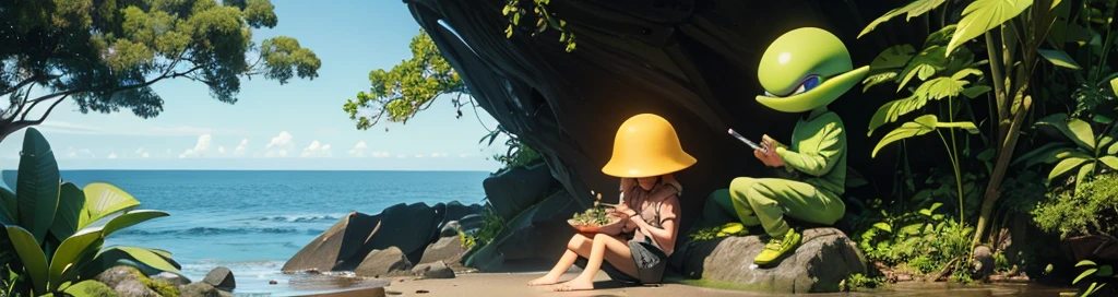 2 Aliens similar to Paul from the movie the fugitive alien smoking cannabis sitting on a rock on the coast in a clearing in the Atlantic forest looking at the sea
