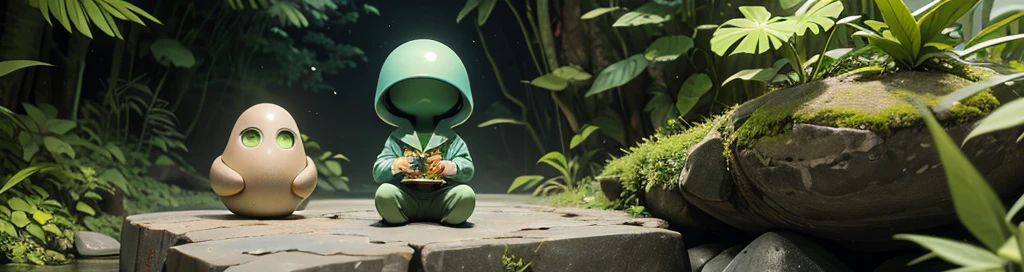 2 Aliens similar to Paul from the movie the fugitive alien smoking cannabis sitting on a rock on the coast in a clearing in the Atlantic forest looking at the sea
