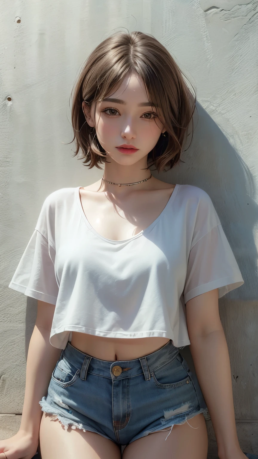 Masterpiece hyperrealist & Photorealistic beautiful girl, Realistic Skin (Pore-filled skin) Short Bob Cut Hair, Realistic red lips,Punk Girl, (head shot:1.5),Shorts