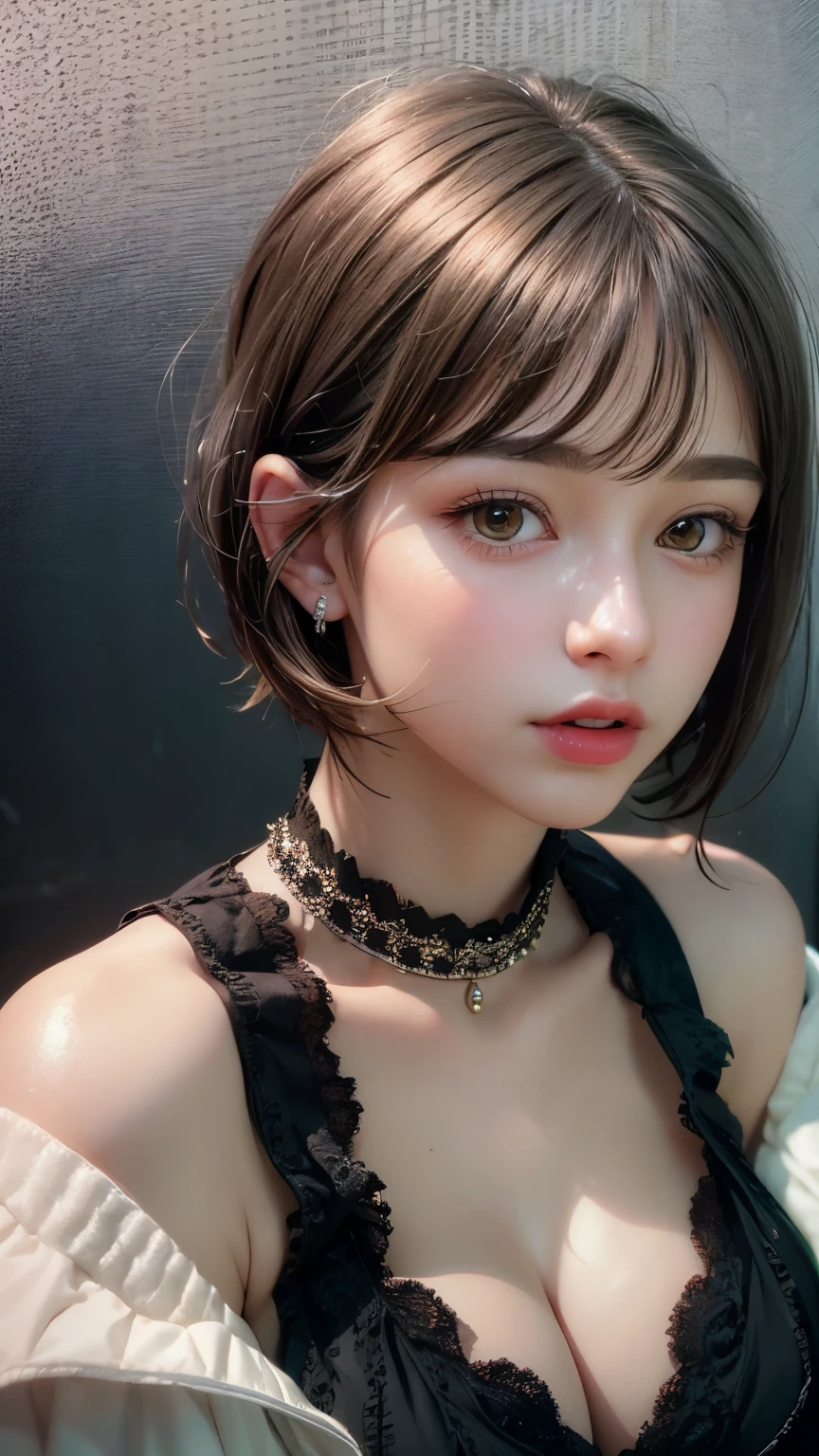 Masterpiece hyperrealist & Photorealistic beautiful girl, Realistic Skin (Pore-filled skin) Short Bob Cut Hair, Realistic red lips,Punk Girl, (head shot:1.5),Shorts