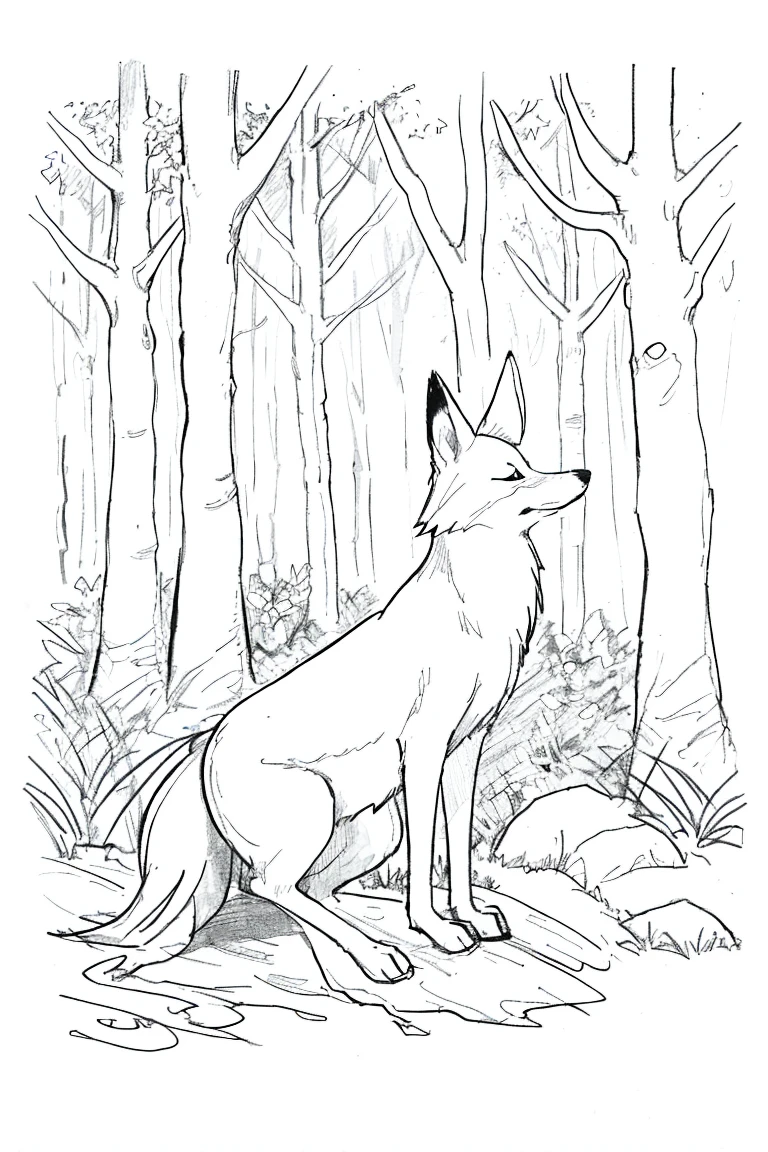 1 fox in a forest,line art,monochrome,Sketch,pencil drawing,traditional media,rama, Coloring page Thick lines and minimal details in cartoon style