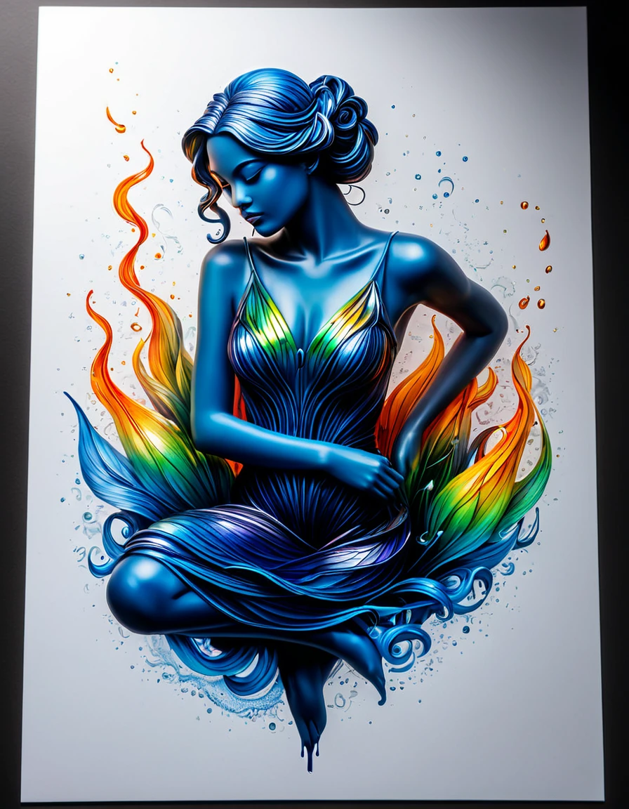 Dessiner une figurine 4D de style encre uhd époustouflante et à couper le souffle, effet holographique qui semble sortir de la feuille de dessin, extremely detailed drawing, hyperRéaliste, sublime details. Truly remarkable work, joyful and sensual work, couleurs de feu, taille fine et sublime poitrine effet push-up