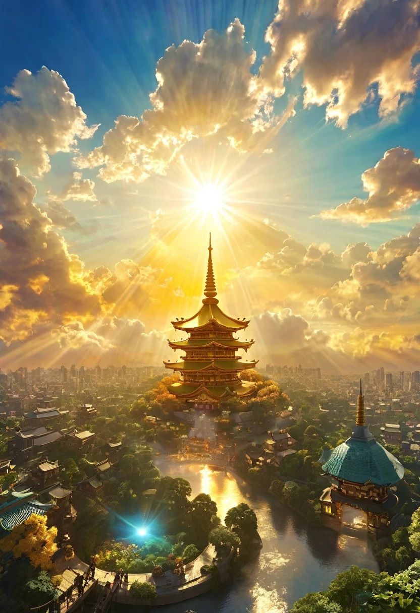空に向かって上昇するgod秘的な都市、Digital Art, The clouds clear and the shining sun appears, Ascension Day,Golden Sun、Sky City、god々Utopian、There is one relic。空中に浮かぶgod々Our Sky Garden、Angel Ladder、