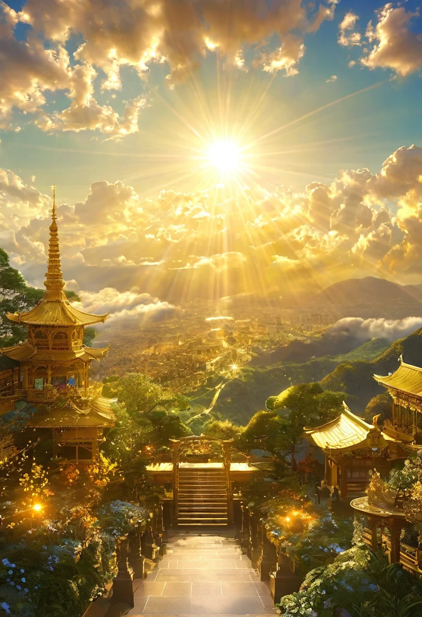 空に向かって上昇するgod秘的な都市、Digital Art, The clouds clear and the shining sun appears, Ascension Day，Golden Sun、Sky City、god々Utopian、There is one relic。空中に浮かぶgod々Our Sky Garden、Angel Ladder、