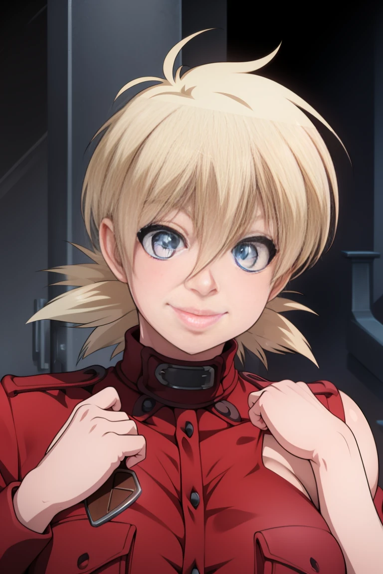 Hellsing last, you will be victory, 1 girl, ((bimbo))), spiky blonde hair, Blue eyes, cute smile face, swollen lips, thick lips, Wide hips, thick thighs, huge round breast, huge round ass, oily and shiny skin, breasts pressed together, red police uniform too small, posing, close up