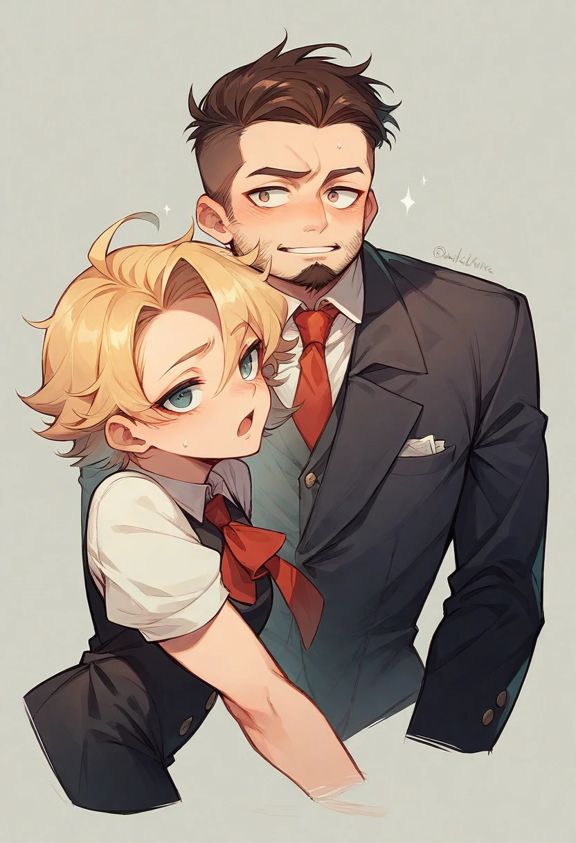 A man with a bushy beard, brunette hair but with a blonde topknot, wearing a black suit with a red tie, cartoon style - Renan Souzones