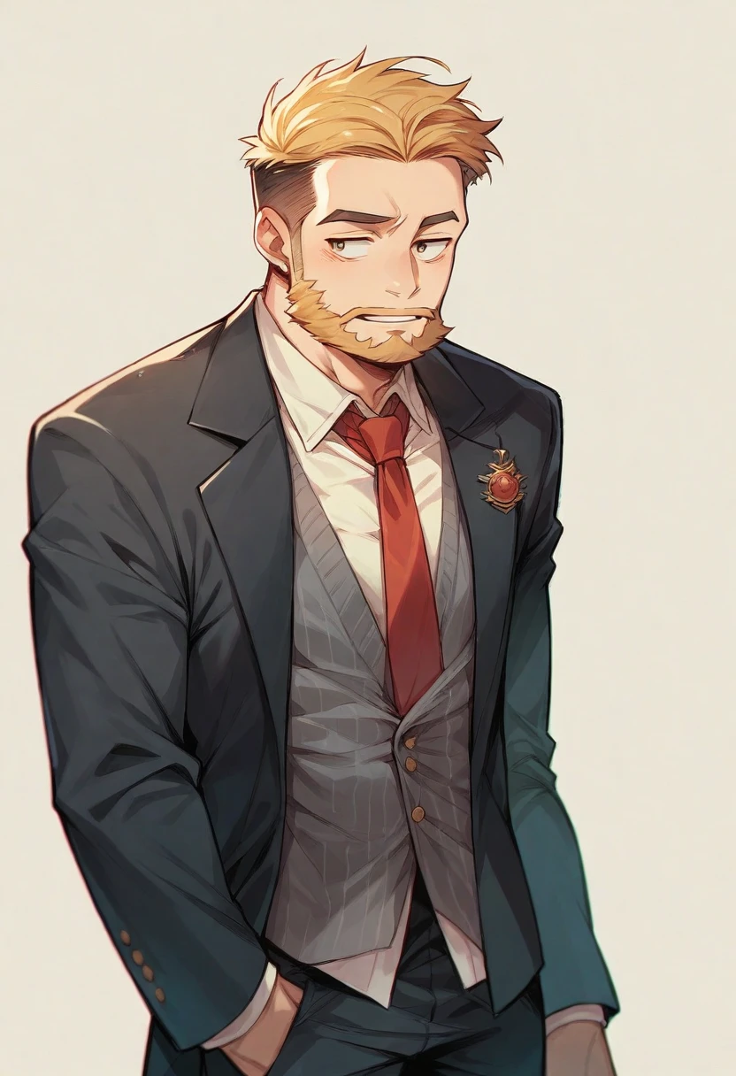 A man with a bushy beard, brunette hair but with a blonde topknot, wearing a black suit with a red tie, cartoon style - Renan Souzones