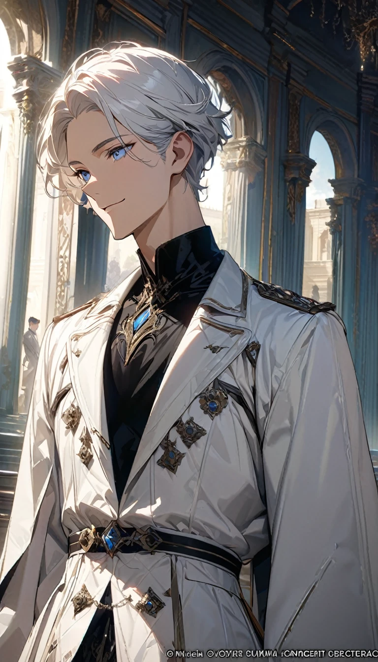 (masterpiece, best quality), Very detailed, best quality, official art, Beautiful and beautiful: 1.2),Beautifully，(1 handsome guy)，copyright，alone，white short hair， (blue eyes), (A gentle yet distant smile)，perfect face，white trench coat，Black shirt，complex clothing design，High target，8K，Beautiful contrast of light and shadow，Face it positively，Nice face，noble，Gorgeous palace，Interior background，((White flowers))，Gorgeous background，(ManhwaStyle:1.5)