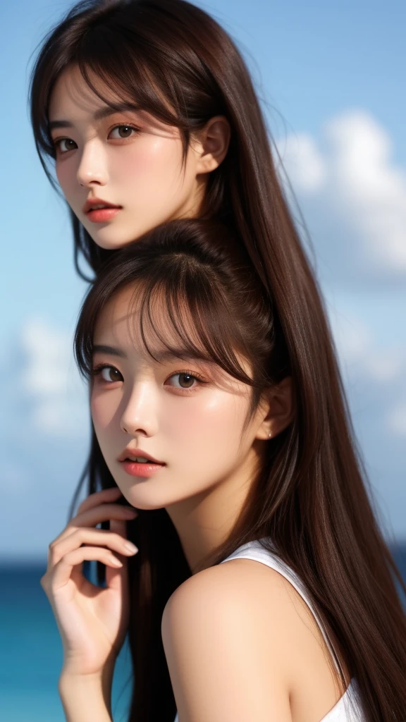 Brune, brune asiatique, belle femme, 20 ans, les main dans les cheveux, regarde vers le ciel les yeux fermer