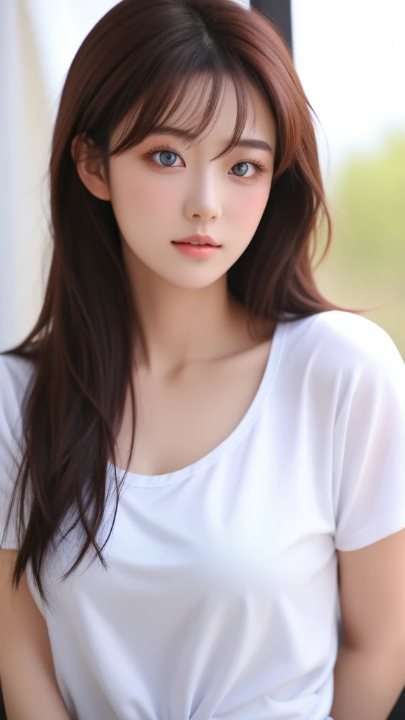 Brune, brune asiatique, belle femme, 20 ans, les main dans les cheveux, regarde vers le ciel les yeux fermer 