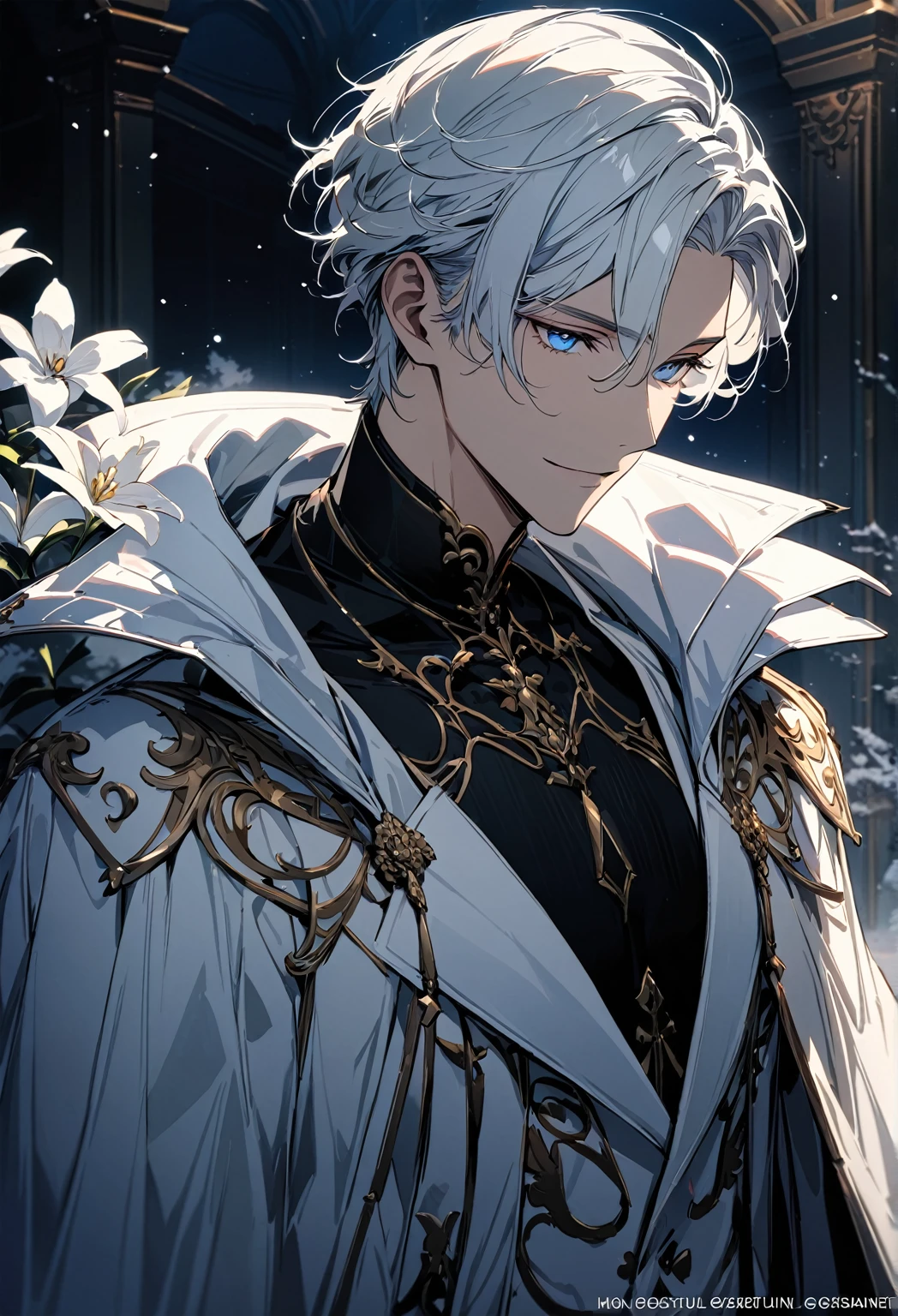 (masterpiece, best quality), Very detailed, best quality, official art, Beautiful and beautiful: 1.2),beautifully，(1 handsome man)，copyright，alone，white short hair， (blue eyes), (A gentle yet distant smile)，perfect face，white trench coat，Black shirt，Complex clothing designs，High，8K，Beautiful contrast of light and shadow，positive face，pretty face，moiré background，noble，dark ornate background，((white flower))，Gorgeous background，snow，Luxury Suite，Night view