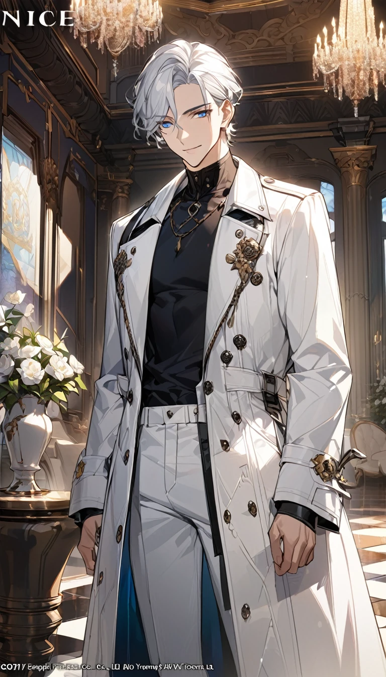 (masterpiece, best quality), Very detailed, best quality, official art, Beautiful and beautiful: 1.2),Beautifully，(1 handsome guy)，copyright，alone，white short hair， (blue eyes), (A gentle yet distant smile)，perfect face，white trench coat，Black shirt，complex clothing design，High target，8K，Beautiful contrast of light and shadow，Face it positively，Nice face，noble，Gorgeous palace，Interior background，((White flowers))，Gorgeous background，(ManhwaStyle:1.5)