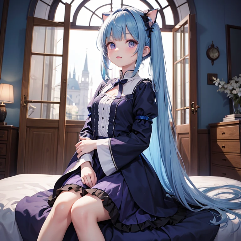 1 girl, Frederica Bernkastel, bangs, blue arch, Blue hair, blunt bangs, arch, Hold chest,  cat tail, crossed arms, gown, Long hair, long sleeve, purple eyes, simple backround, alone, tail arch, Tail decoration, Tail raised, Tail band