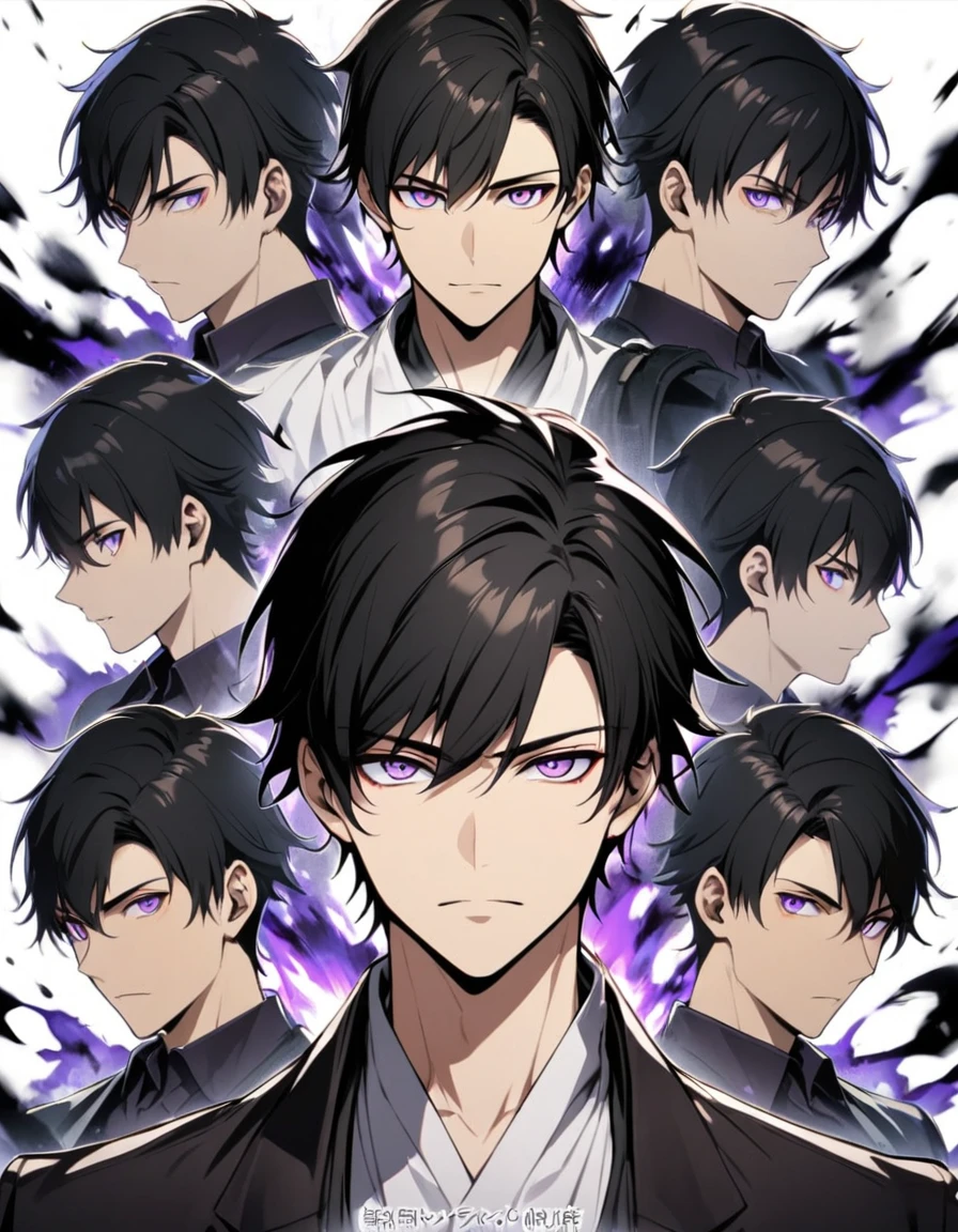 Man, black hair, purple eyes, young, short hair, handsome, black aura, white aura, adult, font face