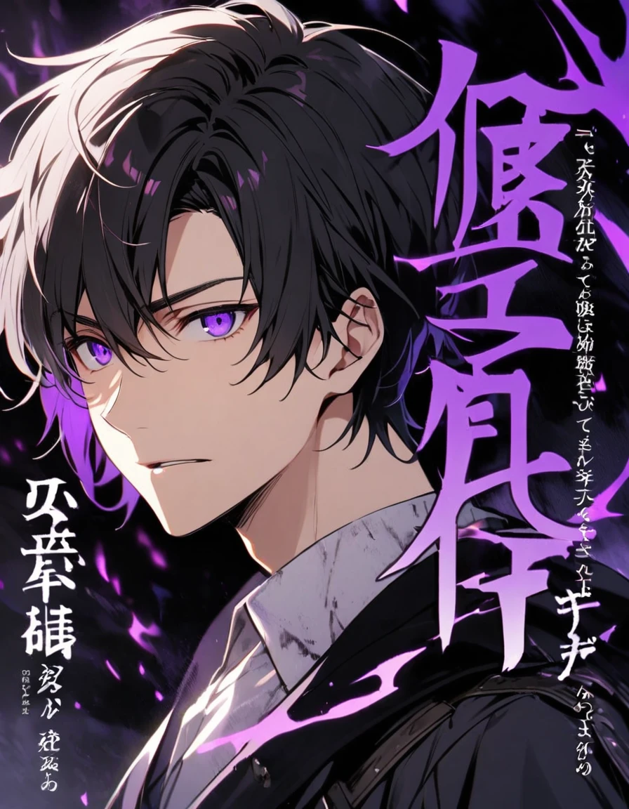Man, black hair, purple eyes, young, short hair, handsome, black aura, white aura, adult, font face