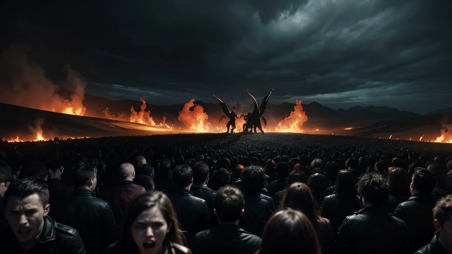a group of people screaming in the fiery pits of hell, dark and ominous atmosphere, hellish landscape, dramatic lighting, cinematic composition, demonic entities, intense colors, dramatic shadows, visceral horror, high quality, 8k, photorealistic, masterpiece