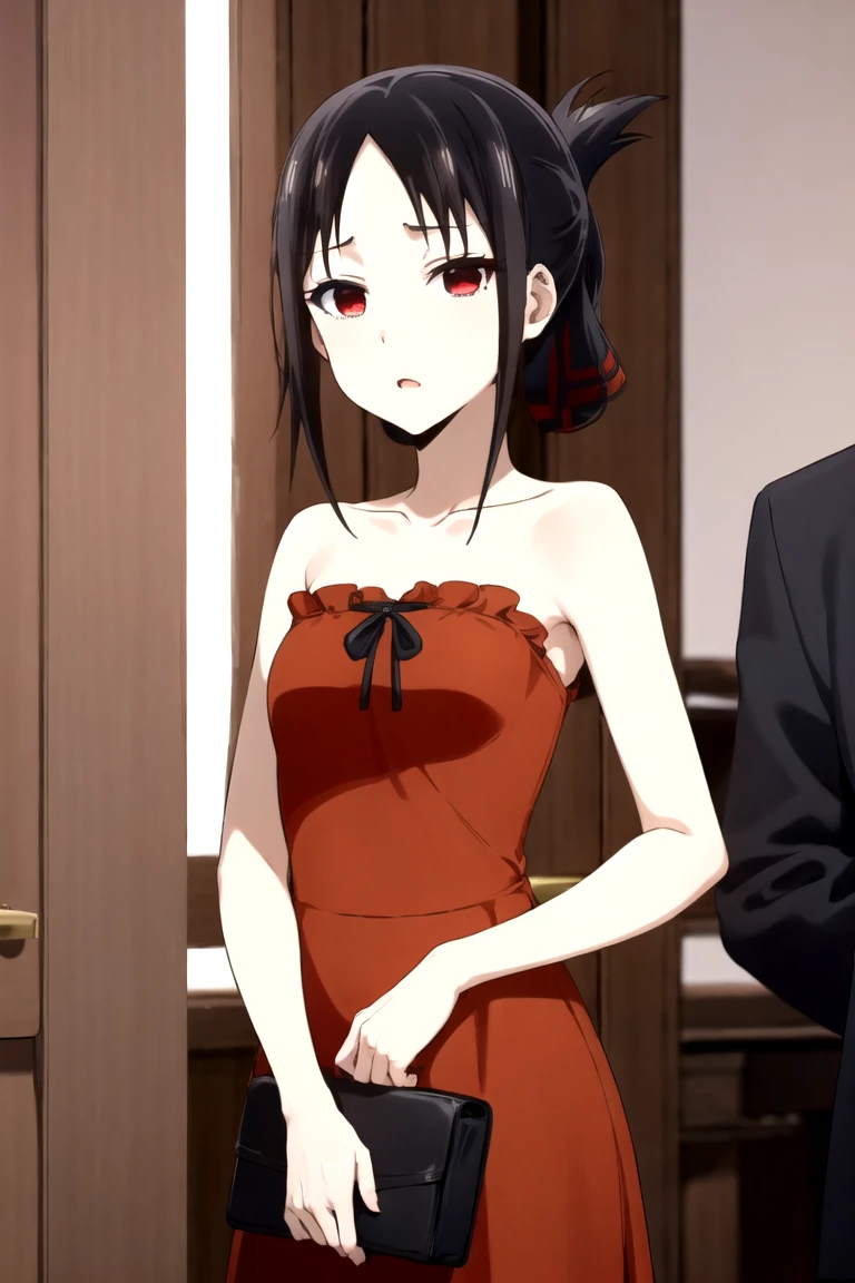 Shinomiya Kaguya, shinomiyakaguya, ojos rojos, senos pequeños, liston rojo, pelo negro, ojos rojos, sexy, ginger college girl, red strapless dress, tight dress, short dress, plunging neckline, fashion photo shoot