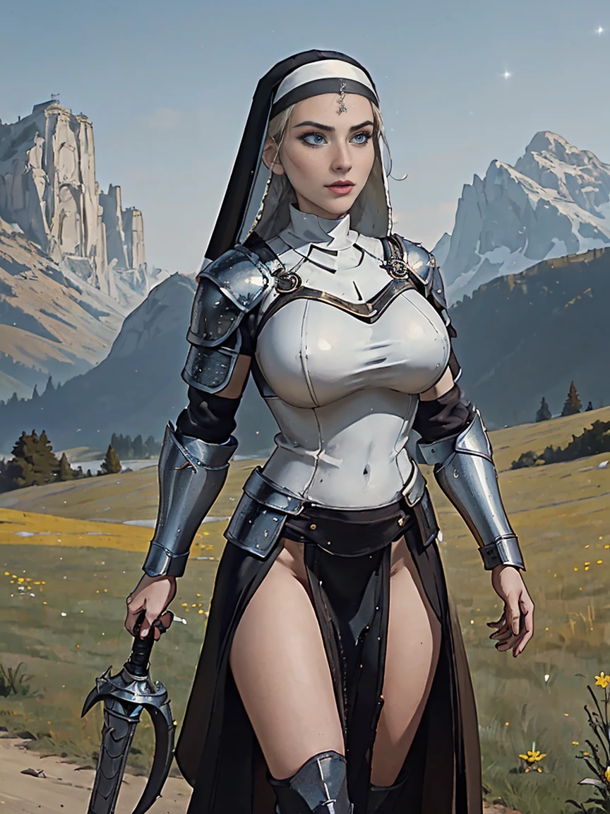 (masterpiece, top quality, best quality, official art, beautiful and aesthetic:1.2), (1girl:1.3), ((Sharp facial features, sharp features, hawkish features)), ((blue eyes)), busty paladin knight girl, extremely detailed, portrait, looking at viewer, solo, (full body:0.6), detailed background, full-body shot, (warm mountain meadow theme:1.1), holy knight, (nun), charlatan, smirk, mysterious, swaying in mountains, armor, polished metal, gold trim, long boots, white fabric, pelvic curtain, robe, pale leather, ((((nun, holy aura, corona, mace, heavy armor, armored, long legs, pelvic curtain, toned, muscular, chainmail)))), slim waist, slim hips, long legs, medieval (mountain exterior:1.1) background, dark mysterious lighting, shadows, magical atmosphere, dutch angle