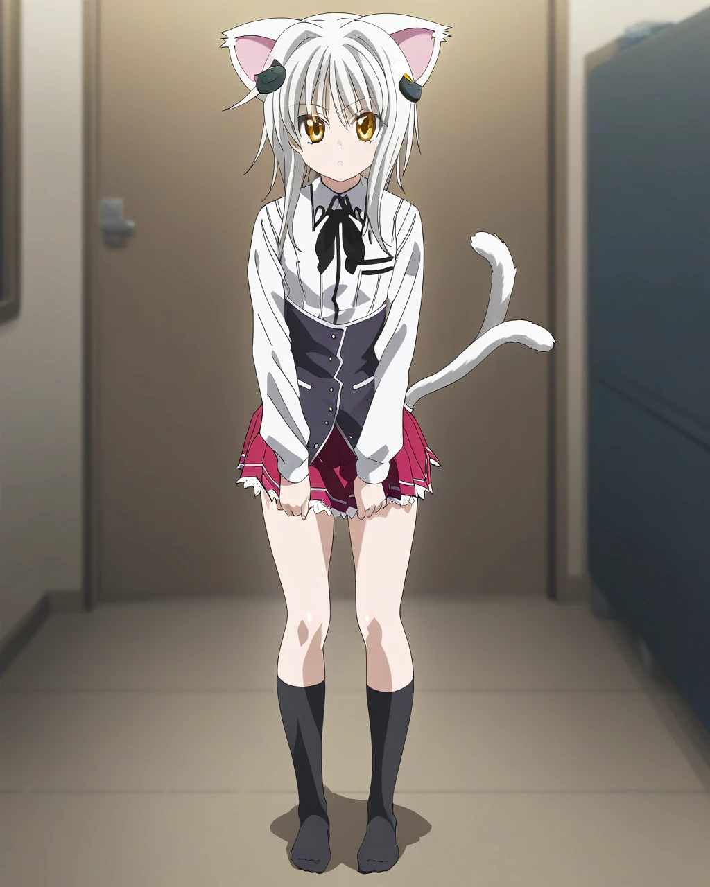 best quality,masterpiece,highres,absurdres,newest,1girl,rating: general, (koneko_tojou, hair ornament, white hair, short hair, yellow eyes, solo, cat hair ornament, looking at viewer, school uniform), (animal ears, cat ears, tail),standing,(full body),looking at viewer,(school uniform),anime coloring, black socks, no shoes