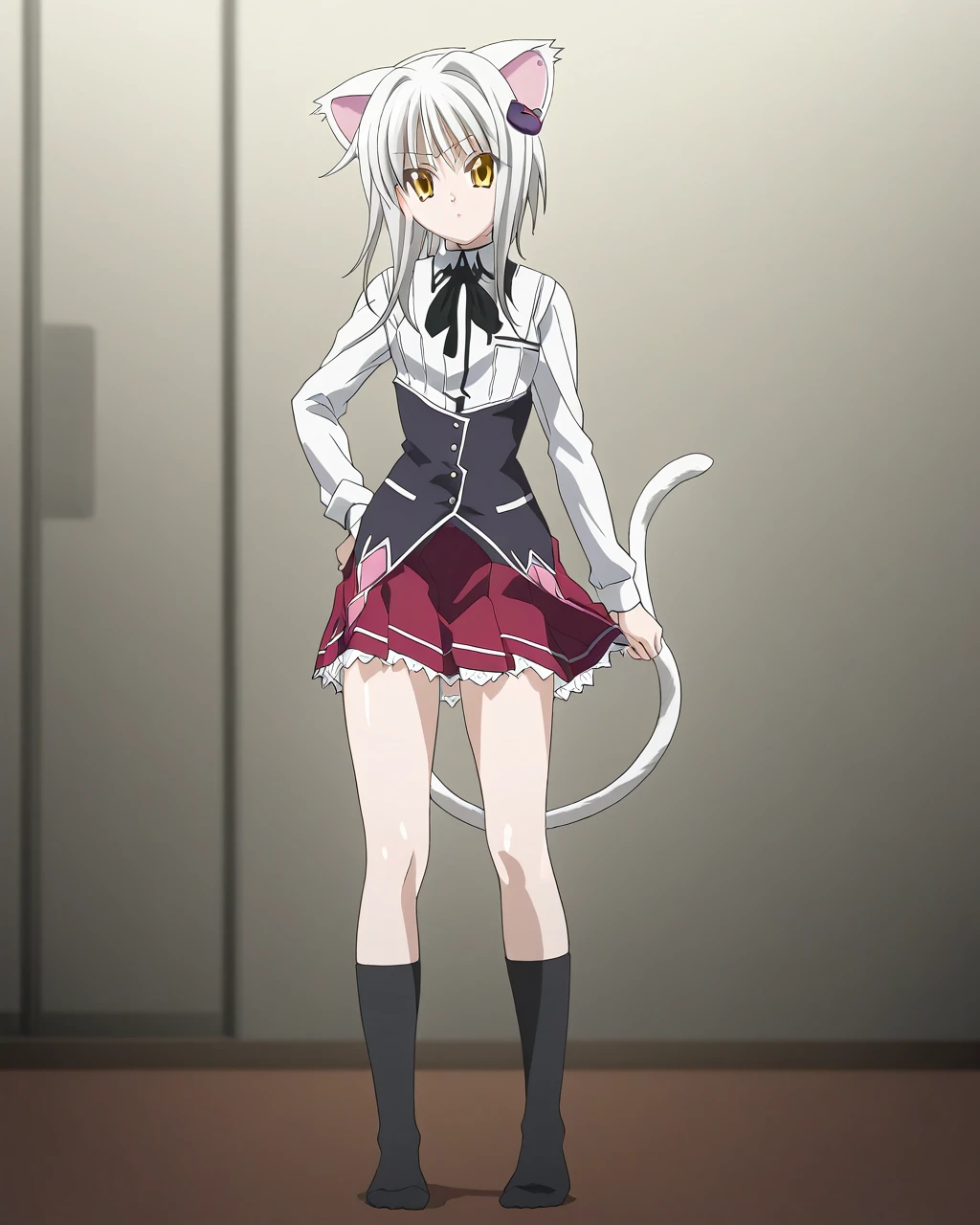 best quality,masterpiece,highres,absurdres,newest,1girl,rating: general, (koneko_tojou, hair ornament, white hair, short hair, yellow eyes, solo, cat hair ornament, looking at viewer, school uniform), (animal ears, cat ears, tail),standing,(full body),looking at viewer,(school uniform),anime coloring, black socks, no shoes