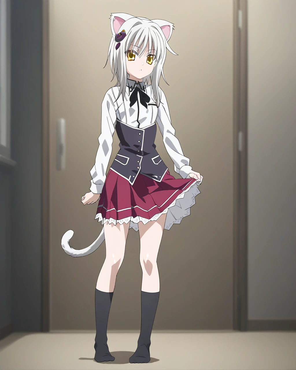 best quality,masterpiece,highres,absurdres,newest,1girl,rating: general, (koneko_tojou, hair ornament, white hair, short hair, yellow eyes, solo, cat hair ornament, looking at viewer, school uniform), (animal ears, cat ears, tail),standing,(full body),looking at viewer,(school uniform),anime coloring, black socks, no shoes