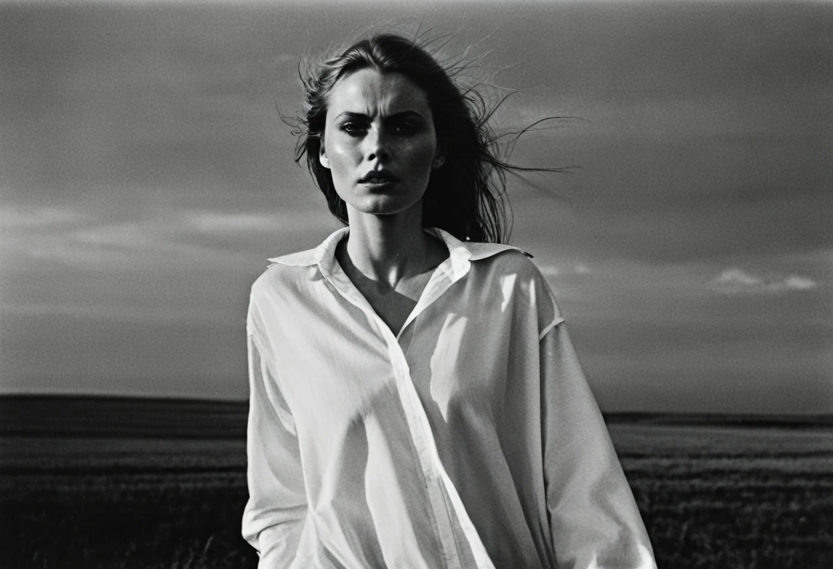 (dark mood masterpiece Photography by Mario Giacomelli:1.2), evil slavic woman, pale skin, long dark blond hair, Stunning b&w 35mm full body photo of a beautiful, perfecteyes, dark circles under eyes, highly detailed skin, (lightest freckles:0.9), standing in a casual pose with her hands on her nipples. wearing (wide-open:1.34) white_silk_shirt. unbuttoned shirt. (nipslip:1.4). a loose-fitting oversized men's unbuttoned shirt, open white business shirt. intricate poses by ruth bernhard. (Photography and style by ruth bernhard). 35mm, Hasselblad. capturing fashion-forward visuals, creating visual impact,evoking emotion,pushing creative boundaries. golden hour, shot from the side, playful pose, god rays,artistic photoshoot