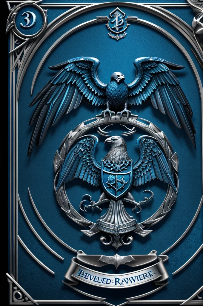 A stunning 3d 1st place trophy for Ravenclaw house with vibrant blue and silver colors .The trophy is adorned with a majestic crow emblem , What does the house symbolize?. The base of the trophy shows the legend "BELLATRIX COLLEGE" using captivating topography. The design looks elegant and majestic, dark fantasy, poster, typography, 3d render, photo
