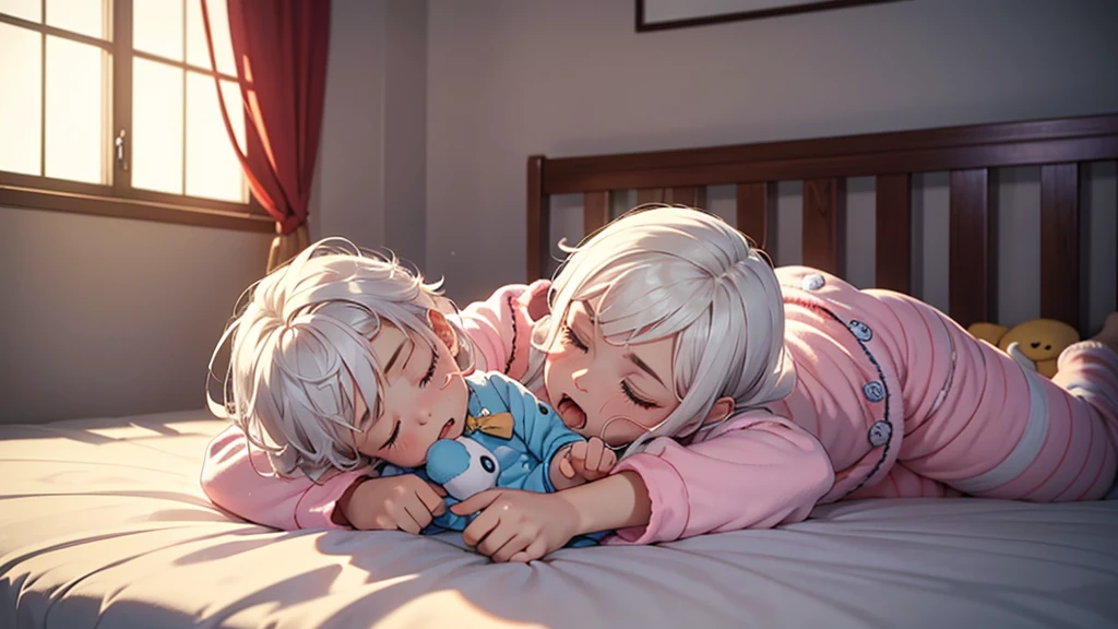 A age boy with white hair in a large nursery, suckling a baby pacifier, playing with baby toys, wearing a onesie pajama, drooling, wearing a diaper, sleeping in a crib, holding a cat plush, high quality, extremely detailed, highly detailed, masterpiece, soft lighting, warm colors, pastel colors, adorable, cute,