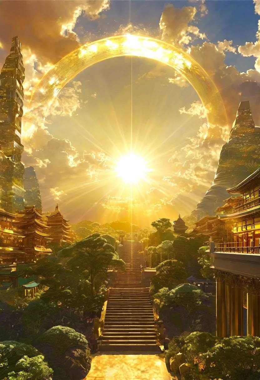 空に向かって上昇するgod秘的な都市、Digital Art, The clouds clear and the shining sun appears, Ascension Day，Golden Sun、Sky City、god々Utopian、There is one relic。空中に浮かぶgod々Our Sky Garden、Angel Ladder、