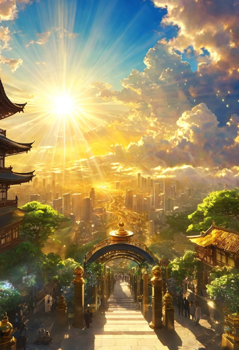 空に向かって上昇するgod秘的な都市、Digital Art, The clouds clear and the shining sun appears, Ascension Day，Golden Sun、Sky City、god々Utopian、There is one relic。空中に浮かぶgod々Our Sky Garden、Angel Ladder、