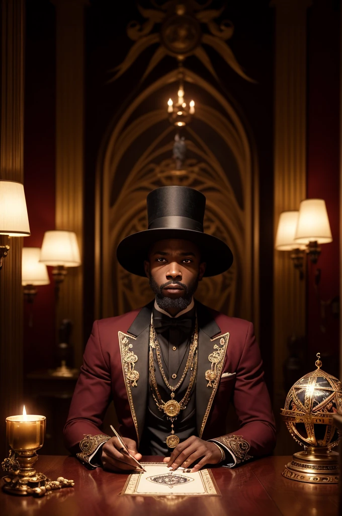 (character of a black man )(practicing voodoo magic)(wearing a burgundy suit with black details and a top hat with ornamental skull details) (com anéis e talismã Mystics segurando um crânio na mão)(kneeling over a pentagram drawn on the floor)(and send him several entries in a twilight way) astrologist divining in an occult divination chamber, horoscope floating in the room, (Silhouette Art), cinematic lighting, highy detailed, 8K, photorrealistic, dramatic lighting, temperamental atmosphere, rich colors, Mystic, occult, esoteric, chic, details Intricate, magical, black fantasy, mysticism, Espiritualidade, divination, divination, astrologia, glass ball, tarot cards, incense, candles, dark interior, ornate decoration, dramatic shadows
