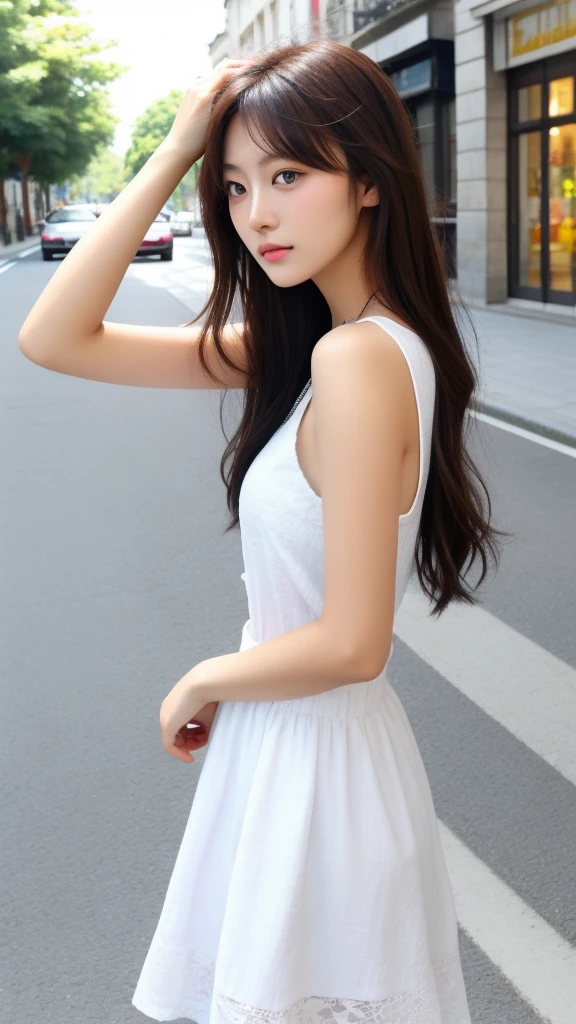 Brune, asian brunette, lovely woman, 20 ans, hands in hair, selfie on a street in summer