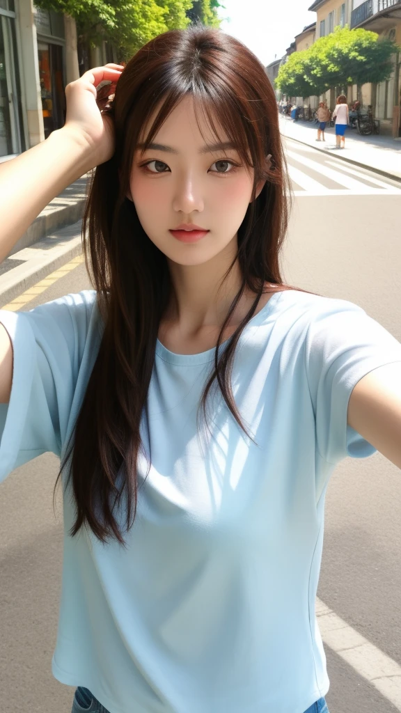 Brune, asian brunette, lovely woman, 20 ans, hands in hair, selfie on a street in summer 
