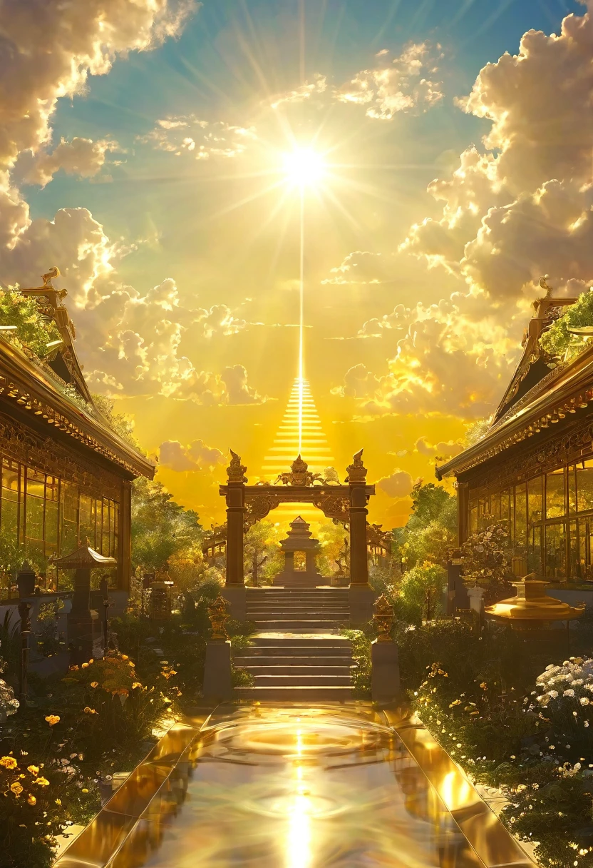 空に向かって上昇するgod秘的な都市、Digital Art, The clouds clear and the shining sun appears, Ascension Day,Golden Sun、Sky City、god々Utopian、There is one relic。空中に浮かぶgod々Our Sky Garden、Angel Ladder、