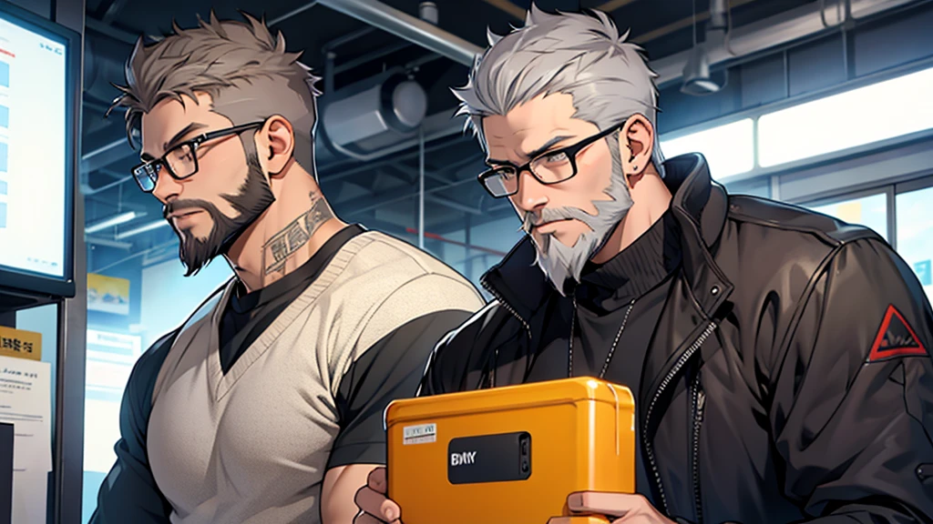 Gray short hair、Glasses、Beard、One person