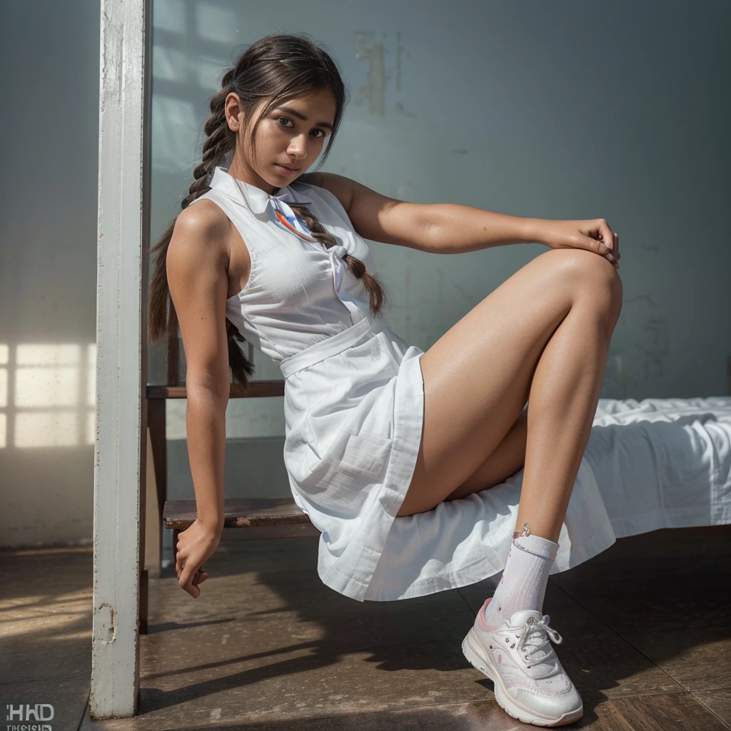 Raw photo , 1 girl ,Wearing white frock and color tie, white shoes ,sri lanka school girl, with plait , professional photographer, (hdr:1.4), masterpiece, ultra-realistic 8k, perfect artwork, intrincate details, cute face, award winning photograph, (Best quality, 8k, 32k, Masterpiece, UHD:1.3) , she's legs must be showing fully