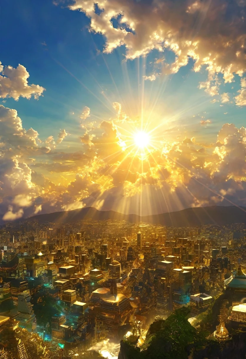 空に向かって上昇するgod秘的な都市、Digital Art, The clouds clear and the shining sun appears, Ascension Day,Golden Sun、Sky City、god々Utopian、There is one relic。空中に浮かぶgod々Our Sky Garden、Angel Ladder、