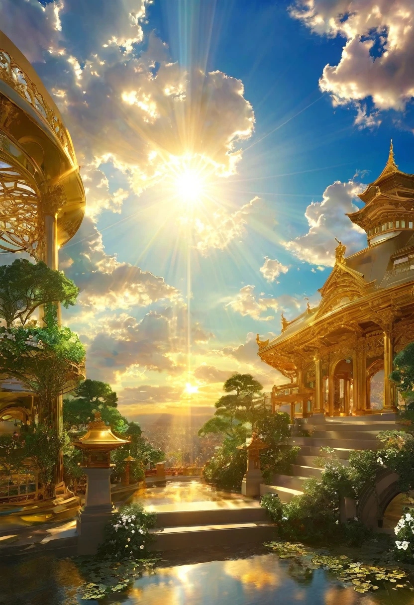空に向かって上昇するgod秘的な都市、Digital Art, The clouds clear and the shining sun appears, Ascension Day，Golden Sun、Sky City、god々Utopian、There is one relic。空中に浮かぶgod々Our Sky Garden、Angel Ladder、