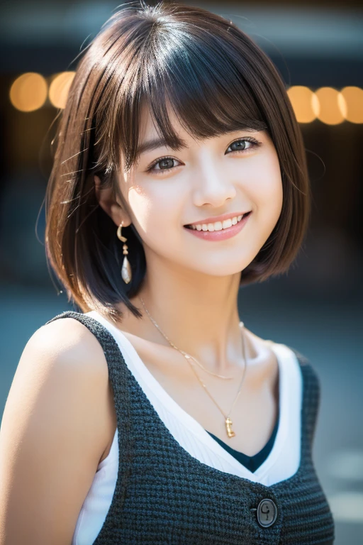 girl, White skin, ((Dark brown short tiered hair)), V cut with layers and bangs, Brown eyes, Soft atmosphere characteristics (Highest quality, Ultra-high resolution, 8K, RAW Photos, Ultra-high resolution: 1.2, masterpiece: 1.3), (Realistic, Realistic: 1.37), Very detailed, Professional Lighting, Photon Mapping, Radio City, 物理ベースレンダring, One Girl, （high school girl）, Sharp focus:1.2、Beautiful woman:1.4,cute, Nice, Adorable smile, Normal chest, Cross Necklace、Earrings、ring、((Dark brown short hair),  )((casualなファッション))),(A cute toothy smile),Japanese cityscape,Tokyo,Selfie,Portrait style,Cafe,casual